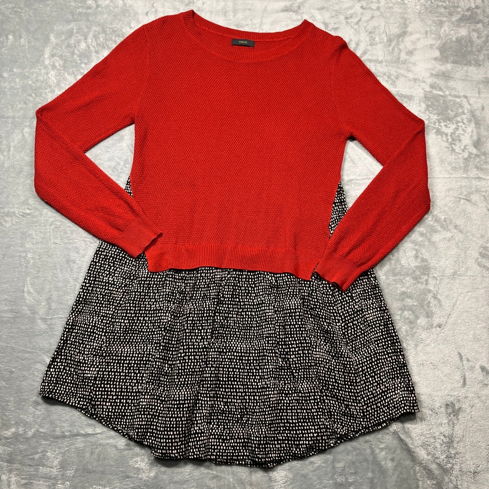 THML Mixed Media Sweater Shirt Dress Womens Red Black White Long Sleeve M